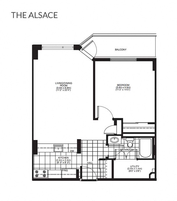 Floor plan for 1 bed, 1 bath, 650 sqft
